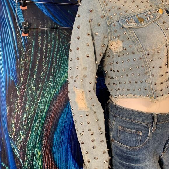 Women’s Blue Jean Riveted Studs & Spikes Denim Jacket - Picture 3 of 17